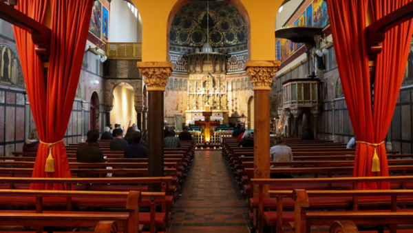 wide shot of church